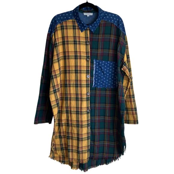 Umgee Tops - Umgee Sz XL Boho Oversized Patchwork Plaid Button Down Shirt Dress Tunic Raw Hem